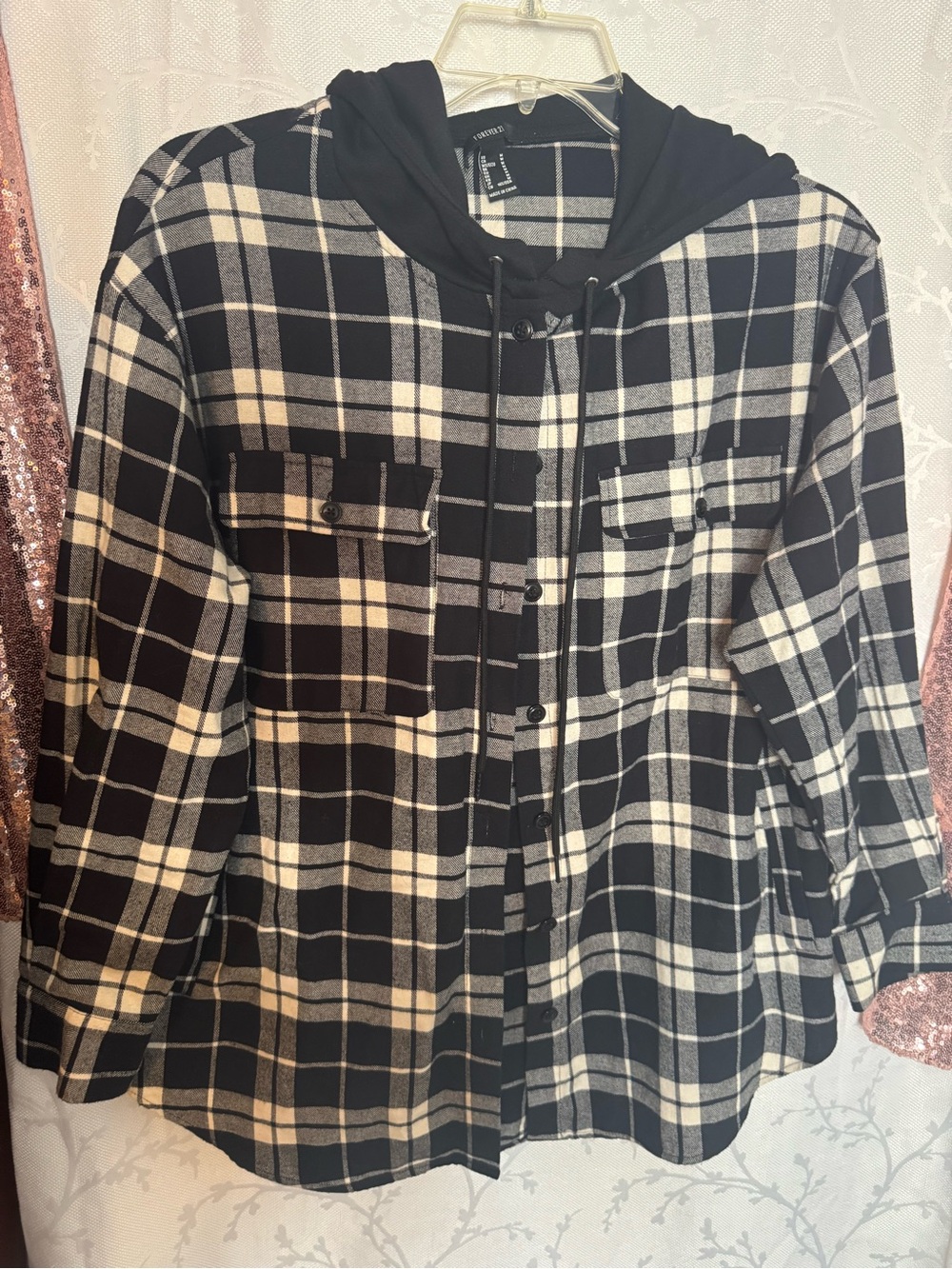 Forever 21 Black & White Plaid Hooded Utility Shacket